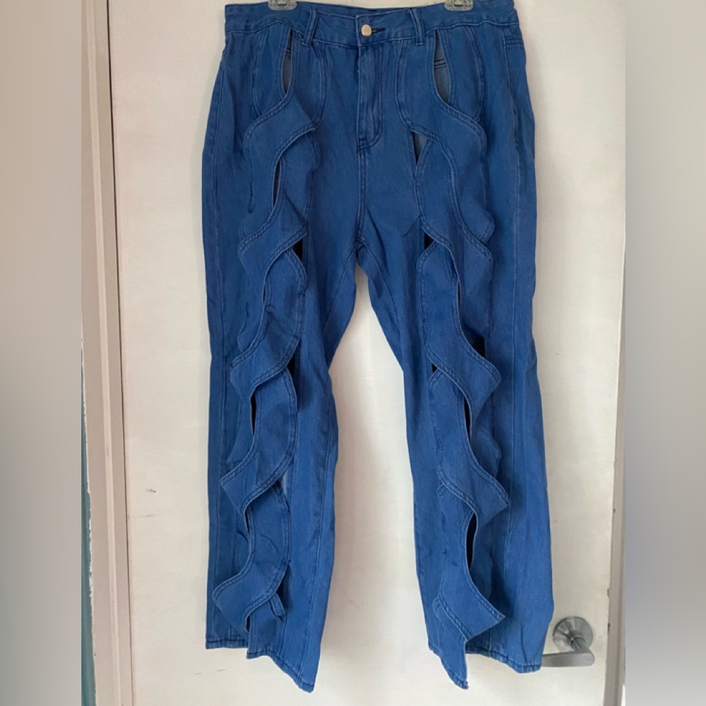 Stylish Blue Denim Pants with Unique Cutouts - Never Worn